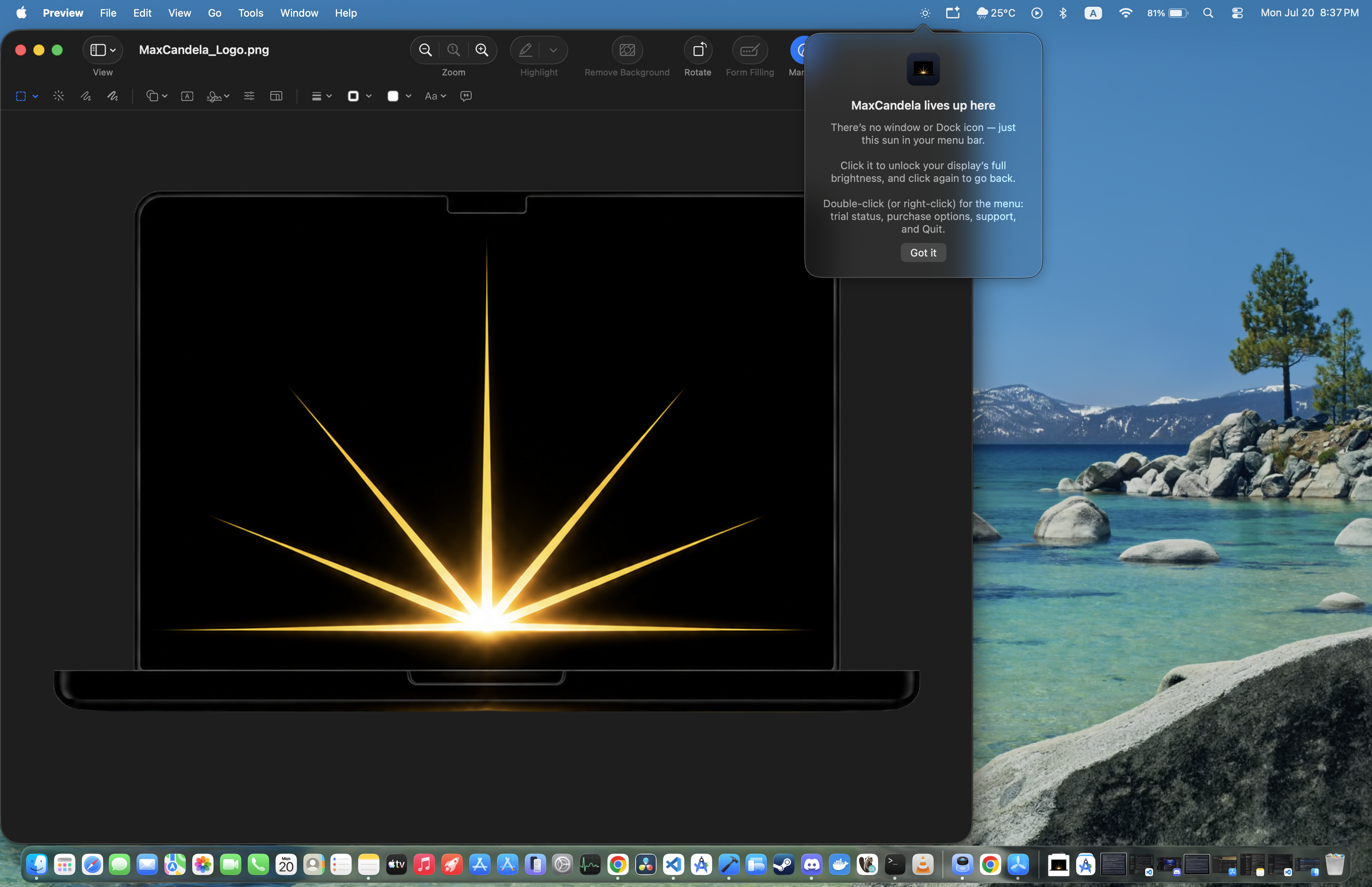 A Mac desktop shown at normal brightness versus brightened with MaxCandela